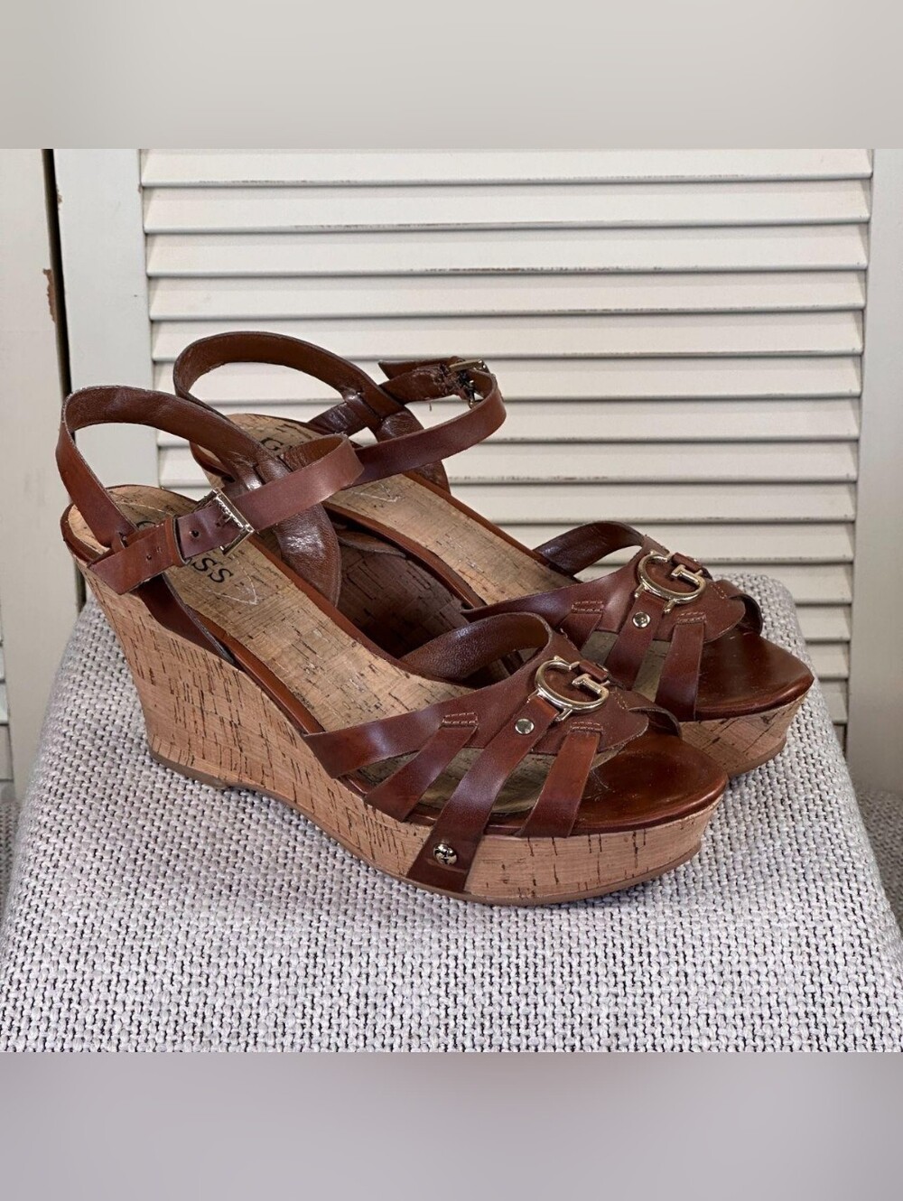 GUESS Brown Leather Strappy Platform Sandals with Gold G Accent